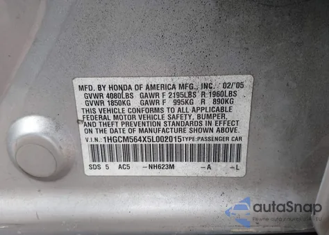 2005 Honda Accord 2.4 Lx z USA, uszkodzony, nr VIN 1HGCM564X5L002015